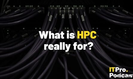 The words ‘What is HPC really for?’ overlaid on a lightly blurred, low saturation image of a server stack with wires coming out symmetrically to either side. Decorative: the word ‘HPC’ is in yellow, while other words are in white. The ITPro podcast logo is in the bottom right corner.